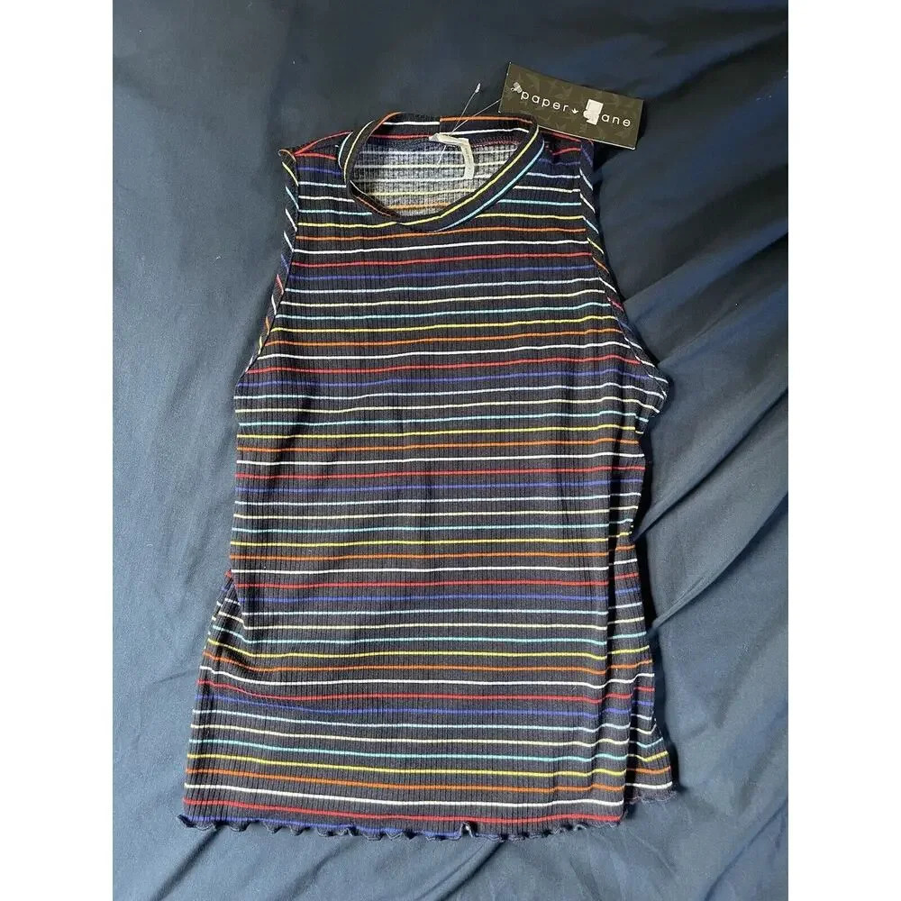 Paper Crane Multicolor Striped Scalloped Hem Sleeveless Tank Top‎ NWT Size Small - Picture 5 of 5